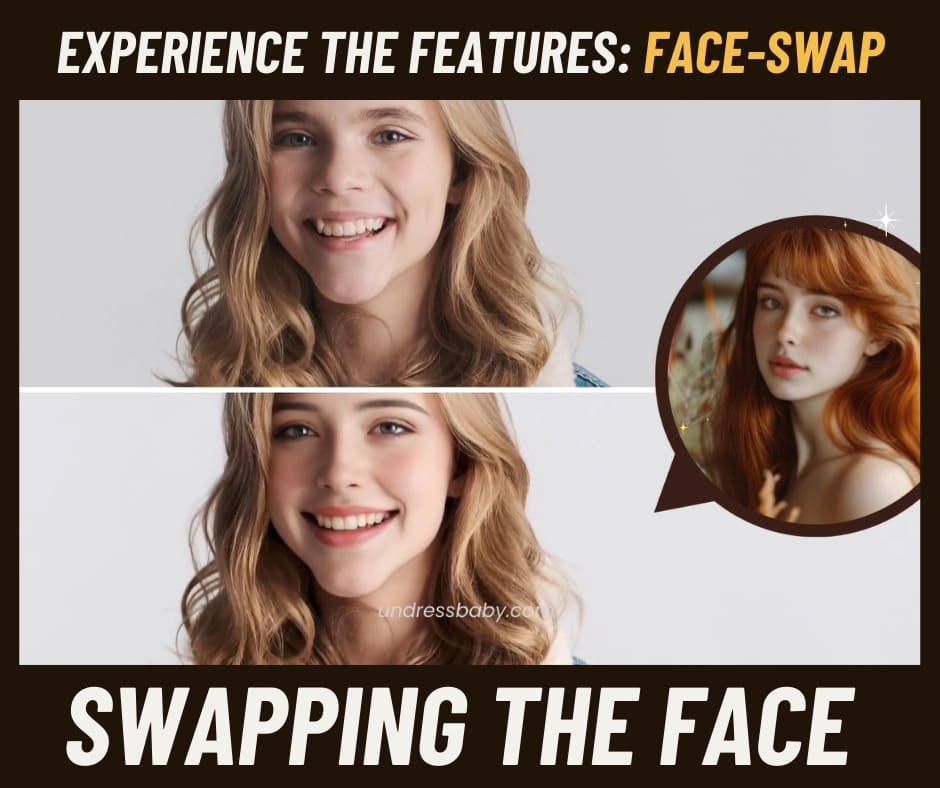 Undress AI : Video face swap, swapping face, reface video. Before and after images demonstrating face swapping using face swap AI.